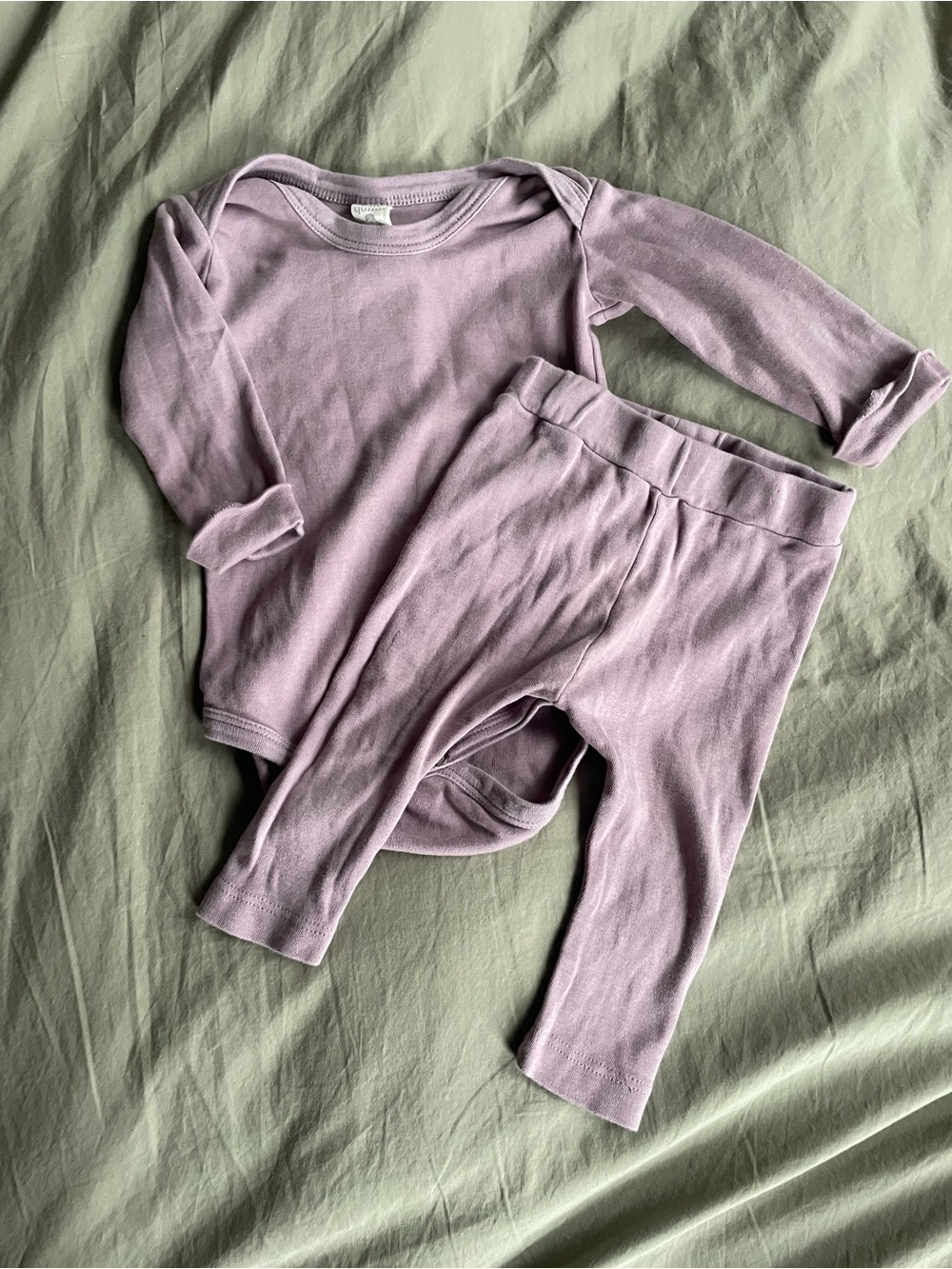 Kate Quinn quail purple cotton onesie and pants 6/12